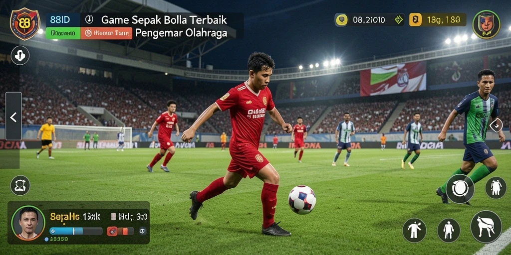 Screenshot menunjukkan gameplay seru dari pertandingan sepak bola.