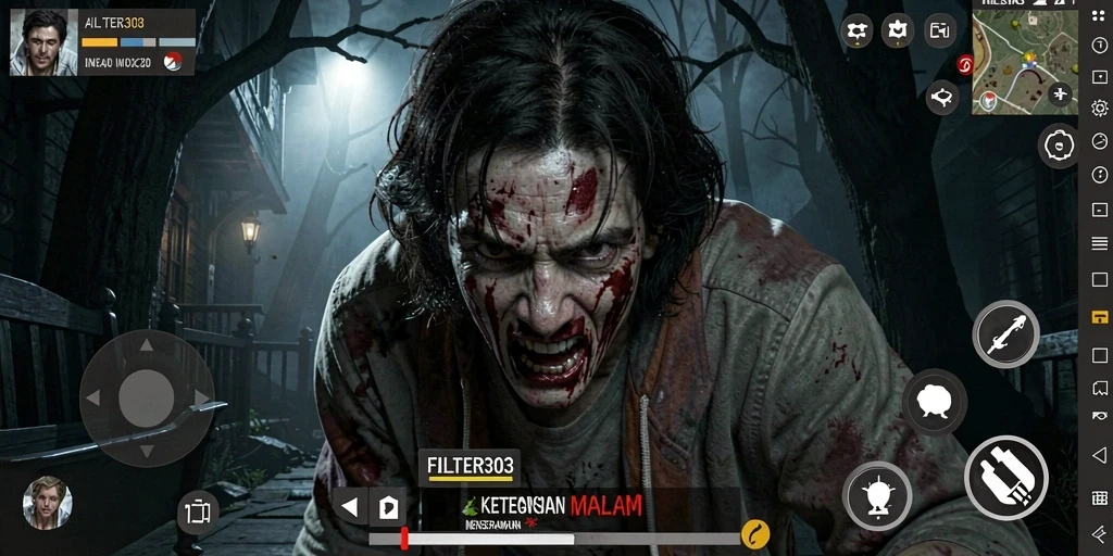 Tangkapan layar gameplay yang menampilkan suasana horor yang intens.