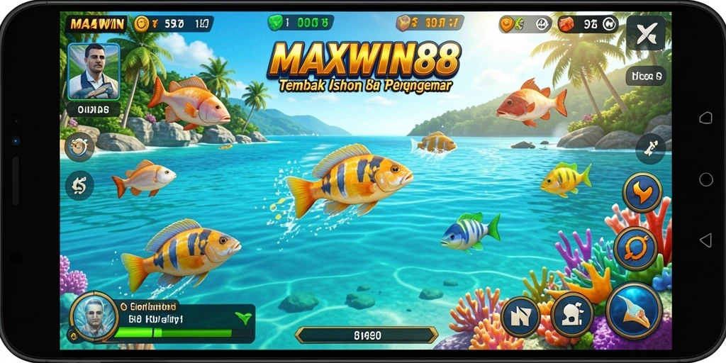 Gambar menampilkan gameplay seru MAXWIN88 saat menembak ikan.