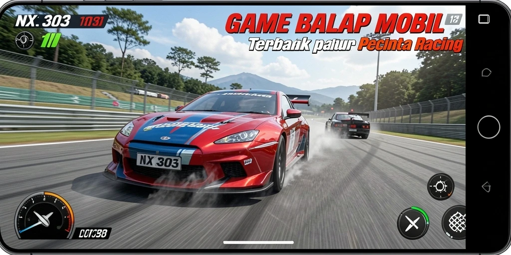 Screenshot NX303 menampilkan aksi balap mobil yang mendebarkan.