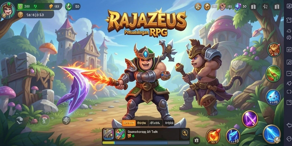 Tampilan utama RAJAZEUS yang menampilkan aksi seru dalam permainan RPG.