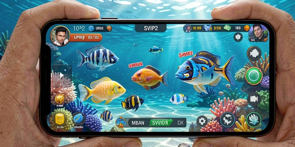 Tampilan utama gameplay Tembak Ikan di SVIP2 dengan ikan berwarna-warni.