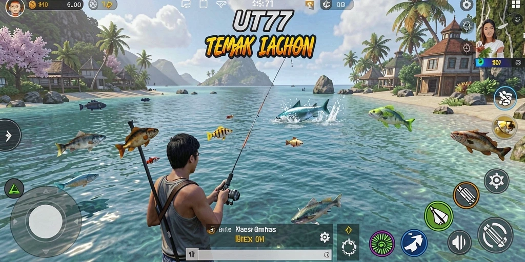Screenshot UT77 menampilkan pemain yang menangkap ikan besar dengan penuh semangat.